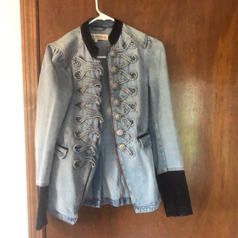 Free People Blue Military Style Denim Jacket